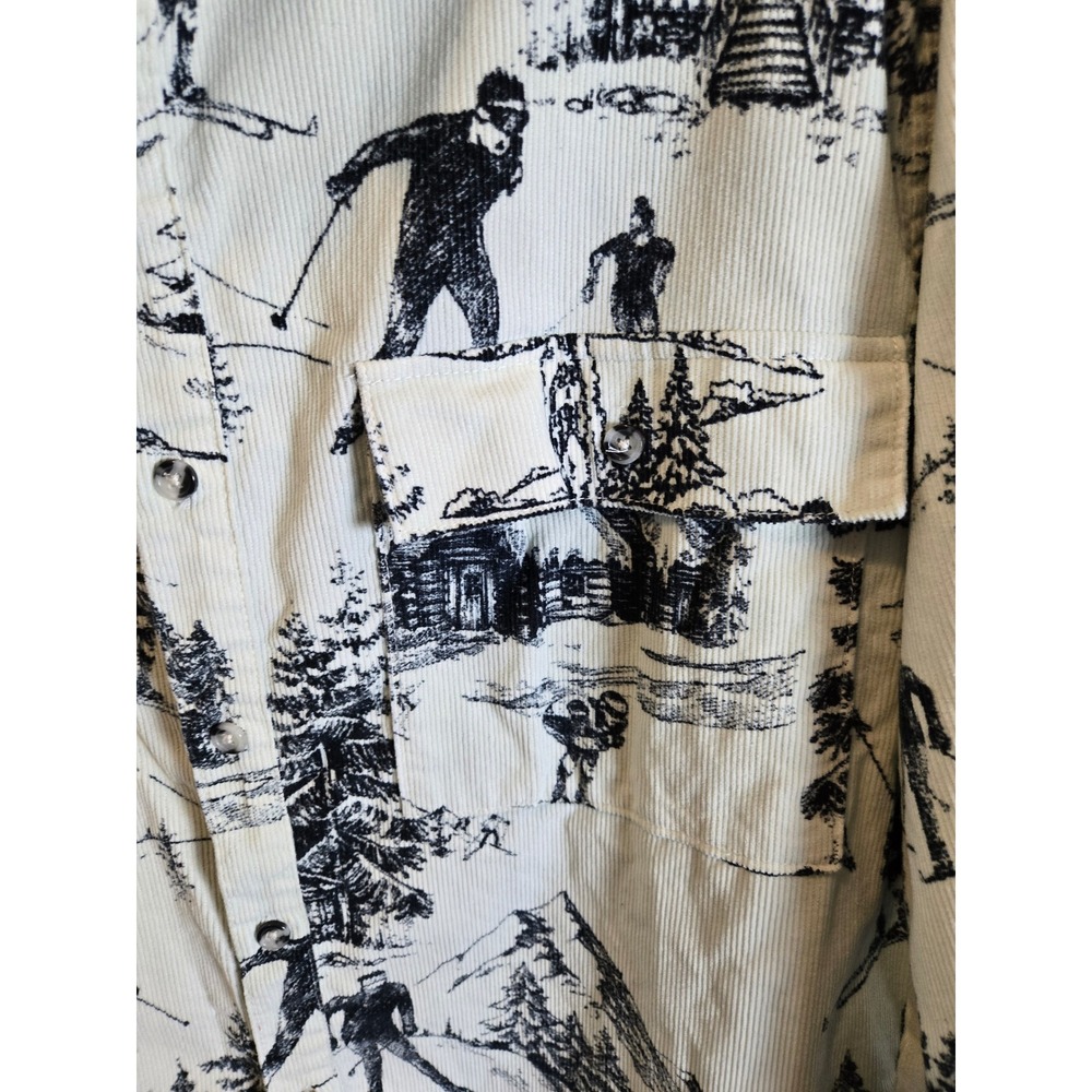Forever 21 Men Corduroy Button Down Shirt XL Skiing Mountain Print Off White - Picture 4 of 10